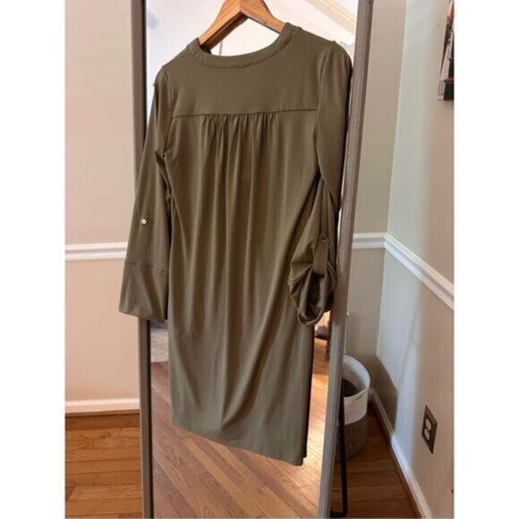 Michael Michael Kors Olive Green Shift Dress Lace Up V-Neck Bell Sleeve Size S - Picture 5 of 6